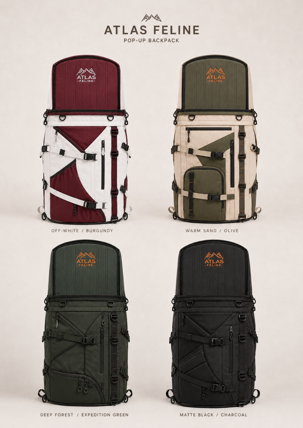 Atlas Feline Pop-Up Backpack shown in four launch colorways